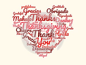 Graphic Heart Wordcloud for Thanksgiving or Valentine`s Day, thank you gift, gratitude, thanks,  love Inspirational Icon or logo