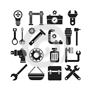 Industrial toolkit icon set in flat black style
