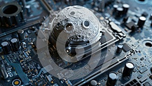 Graphic of Illustration of AI integration on a lunarthemed electronic mainboard