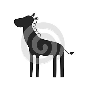 Graphic illustration of a black silhouette of a standing zebra in isolate on a white background .Vector illustration