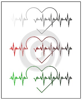 Graphic illustration of cardiogram or cardiograph. Electrocardiogram in black and white, red and green. Heart rate. EKG or ECG