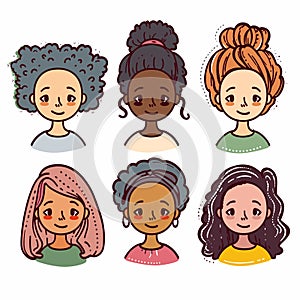 Graphic illustration depicting diverse female characters varied hairstyles facial expressions