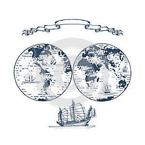 Graphic illustration of Earth globe hemispheres and sailing vessels in vector. Stylization of an old map.