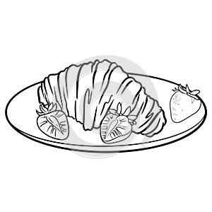 graphic illustration French breakfast croissant with strawberries on a plate on a white background