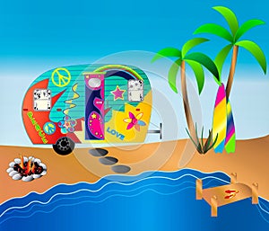 Graphic Illustration of Hippie Camper alongside of beach and surfboards