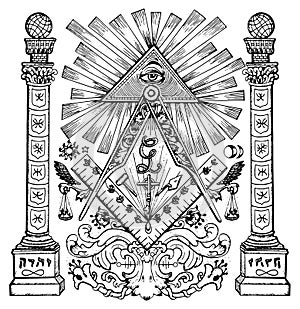 Graphic illustration with mason mysterious symbols photo