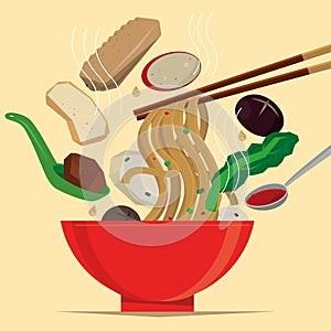 Graphic illustration of a meal of Hong Kong-styled cart noodles