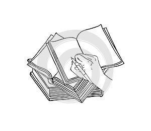 Graphic illustration with open book, hand and pen. Writing hand on  pages.