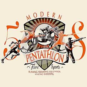 Graphic illustration of pentathlon badge with athletes, vector image