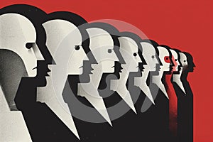 Graphic Illustration of Repetitive Profiles with a Standout Red Face: Individuality Versus Conformity