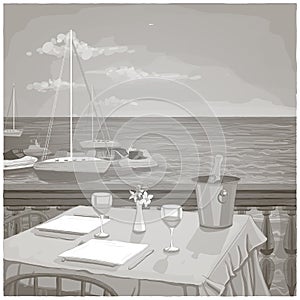 Graphic illustration with served restaurant table for two against ocean landscape