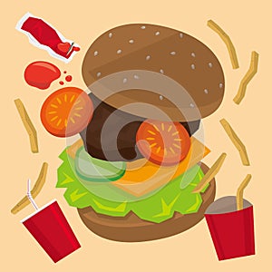 Graphic illustration a set of hamburger meal