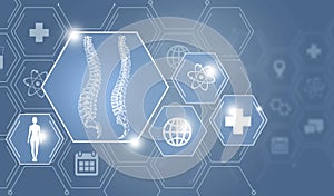 Graphic illustration of Spine Vertebra organ marked by hexagon molecule. Healthcare concept background with medical icons