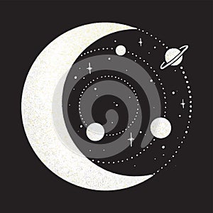 Graphic illustration, texture art solar system in the moon Drawings of stars for clothing, etc.