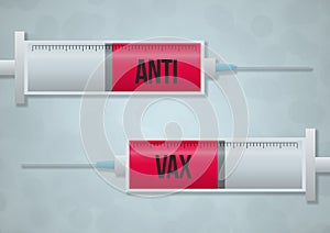 A graphic illustration of two syringes with the words ANTI VAX and the concerns about side effects