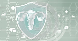 Graphic illustration of Uterus organ protected by a shield. Healthcare concept background with medical icons photo