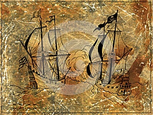 Graphic illustration of vintage ships battle on old paper