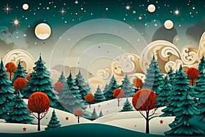 Graphic illustration of a winter landscape with trees and evening sky, generative ai