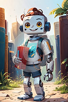 graphic illustration of a young cute smiling cybernetic robot student with books and backpack outdoors in an imaginative