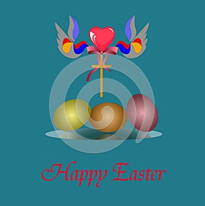 Graphic image. Print.Greeting card with Easter on a blue background with symbols of Easter theme