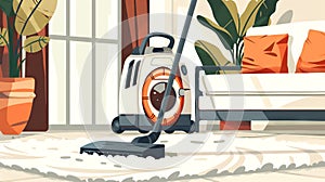 Graphic image of a vacuum cleaner on the carpet in a stylish living room. Household maintenance illustration. Concept of
