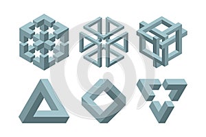 Graphic impossible shapes. Circle, square and triangle symbols with escher paradox impossible geometry geometric graphic