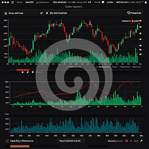 A graphic interface displaying multiple financial charts with data visualizations. The