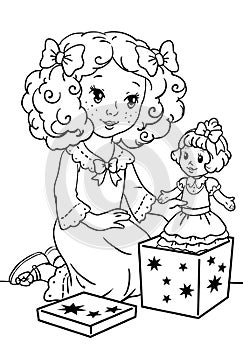 Graphic isolated illustration of a girl open a gift box and holding a doll