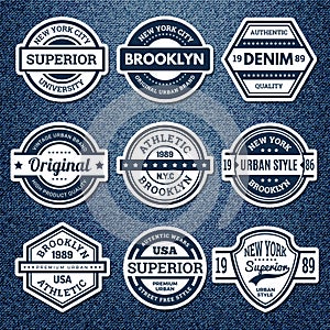 Graphic jeans badges. Jacket patch emblem embroidery vintage college stamp athletics urban style vector set