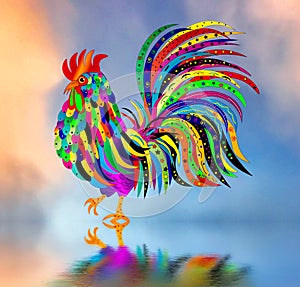 Graphic Kaleidoscope-like Patterns in a Proud Rooster with its Reflection in water