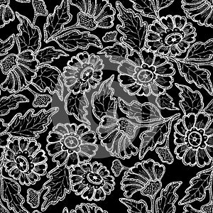 Graphic lace white flowers. Openwork seamless composition.