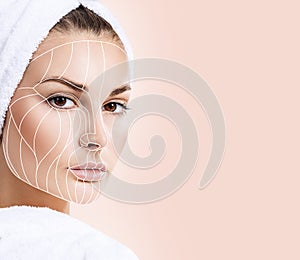 Graphic lines showing facial lifting effect on skin.