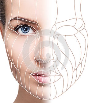 Graphic lines showing facial lifting effect on skin.