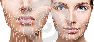 Graphic lines showing facial lifting effect on skin.