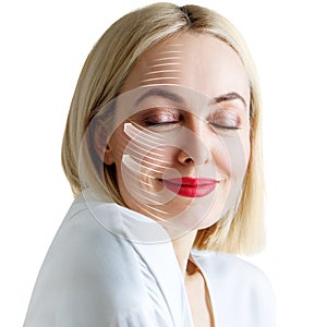 Graphic lines shows facial lifting effect on skin of beautiful woman.