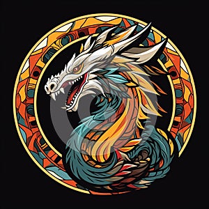 graphic logo of a mesoamerican dragon in a circle 1
