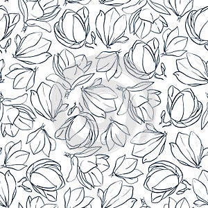 Graphic magnolia flowers and buds. Hand drawn vector seamless pattern. Coloring book page design.