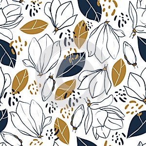 Graphic magnolia flowers,buds,leaves and jungle spots. Vector trendy seamless pattern in deep blue and mustard colors.