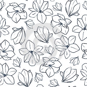 Graphic magnolia flowers and buds. Vector spring seamless pattern. Coloring book page design for adults and kids.