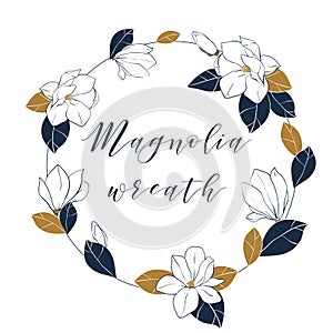 Graphic magnolia wreath in deep blue and bronze colors. Trendy vector hand draw illustartion with magnolia flowers,buds and leaves