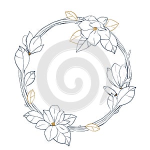 Graphic magnolia wreath.Vector floral design isolated on white background. Coloring book page design for adults and kids.