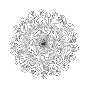 Graphic Mandala with waves, swirls and curles. Zentangle inspired style.