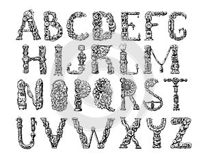 Hand drawn vector seamless pattern with mechanical letters.