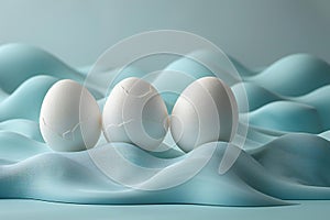 Graphic minimalist background with eggs falling on blue paper, simple and clean with a light color scheme, flat composition a