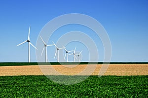 Graphic modern landscape of wind turbines