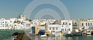 Graphic Naoussa's port at Paros island in Greece. A famous touristic destination.