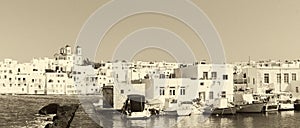 Graphic Naoussa's port at Paros island in Greece in old retro colors. A famous touristic destination.