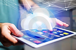 Graphic network connected to a cloud displayed on a futuristic i