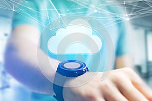 Graphic network connected to a cloud displayed on a futuristic i