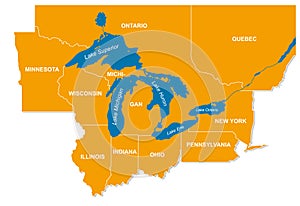 Graphic of the North American great lakes and their neighboring states photo